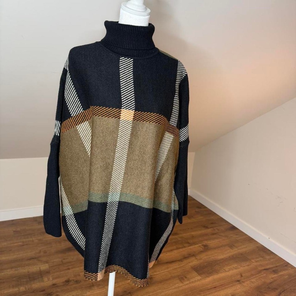 Joseph A. Plaid Turtleneck Poncho Sweater L Oversized Cape Fall Academia